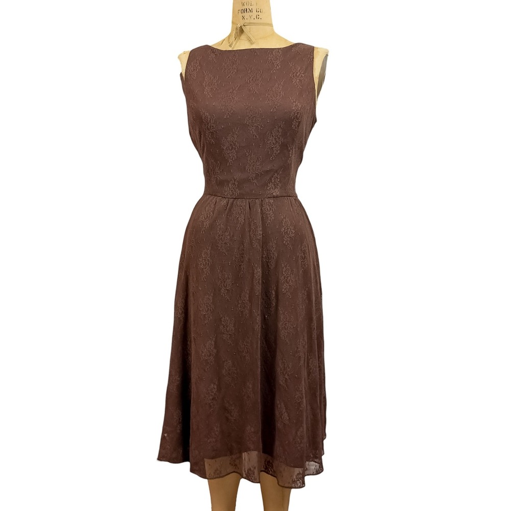 Vintage 50s Style Brown Lace Fit Flare Cocktail Dress Cowl Back Dark Romantic M